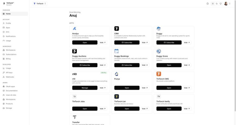TinTorch Account: SSO Provider and App Hub for 15+ Products